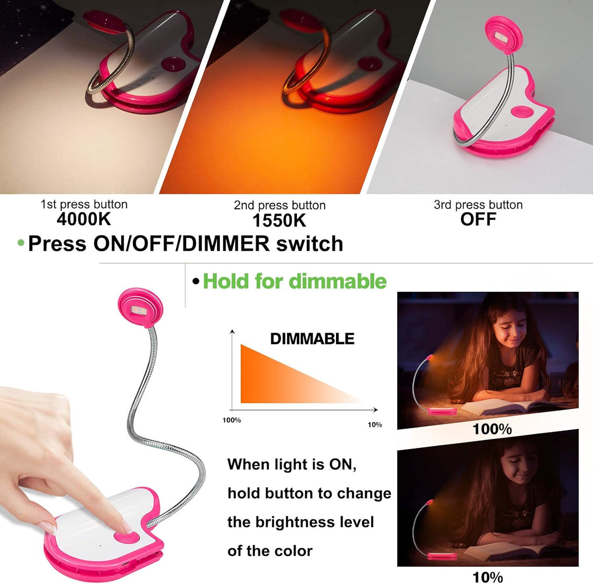 Amber Reading Light Rechargeable, Book Light Kids for Reading in Bed, Clip On Reading Book Light, 2 Lighting Modes, Blue Light Blocking for Eye-Care, Small Bookmark Light for Bookworm-Violet
