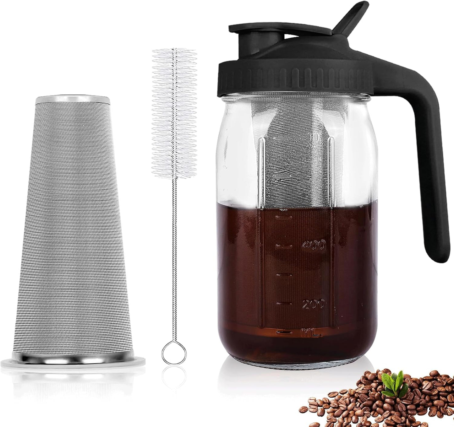 Cold Brew Coffee Maker,64 oz Mason Jar Pitcher with Stainless Steel Filter, Pour Spout Handle Lid, Heavy Duty Glass Airtight & Leak-Proof for Iced Coffee,Tea & Lemonade