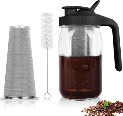 Cold Brew Coffee Maker,64 oz Mason Jar Pitcher with Stainless Steel Filter, Pour Spout Handle Lid, Heavy Duty Glass Airtight & Leak-Proof for Iced Coffee,Tea & Lemonade