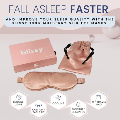 Blissy Silk Sleep Mask - Eye Sleeping Mask for Women & Men for Total Blackout - 100% Pure Mulberry Silk, 22 Momme 6a Fibers - Blindfold Sleep Mask Side Sleeper Eye Cover (Non Adjustable)