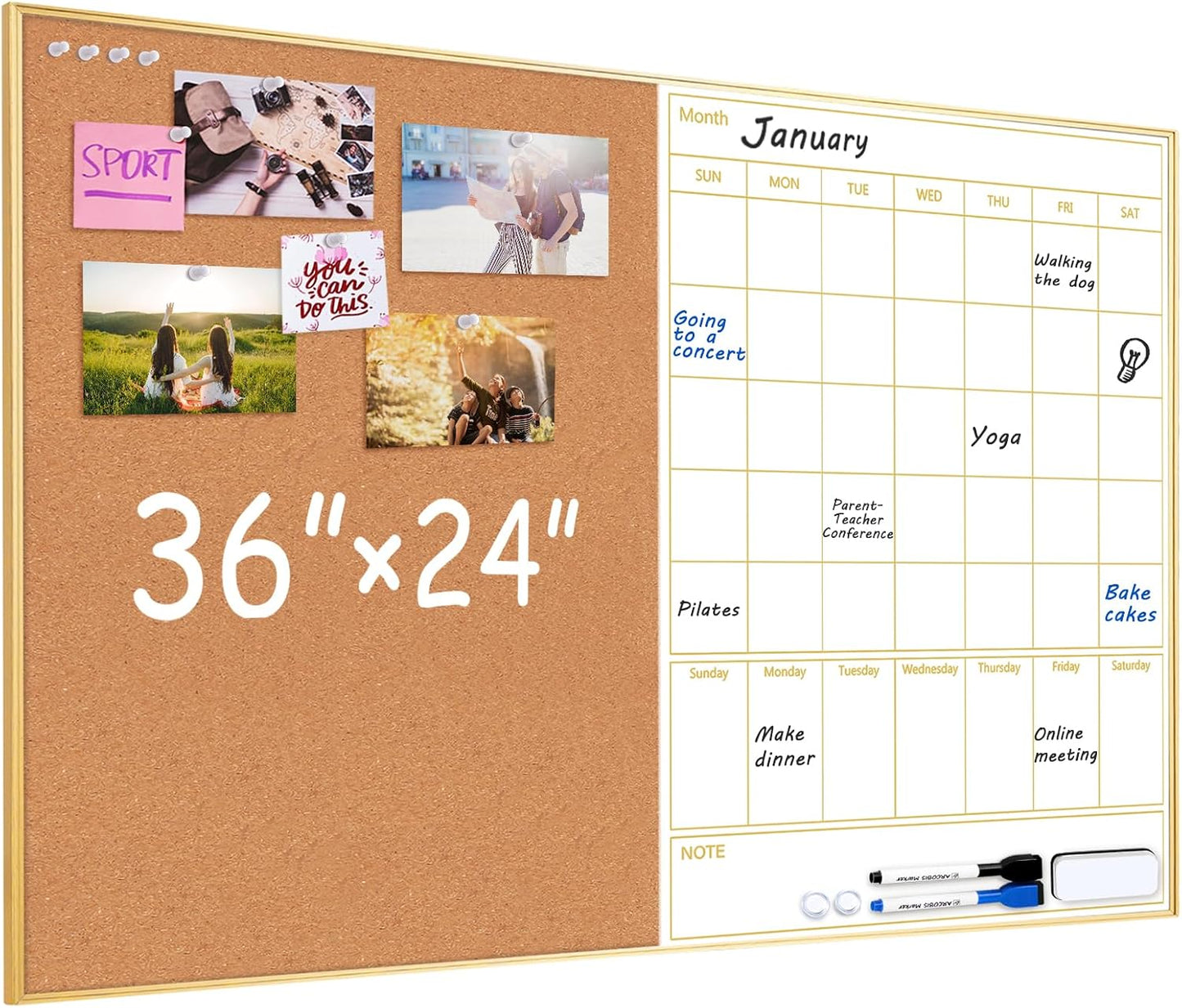 ARCOBIS Dry Erase Calendar with Cork Board for Wall, 24"x 18" Magnetic Calendar Whiteboard with Black Frame, Monthly Combination Board for School, Home, Office
