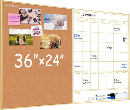 ARCOBIS Dry Erase Calendar with Cork Board for Wall, 24"x 18" Magnetic Calendar Whiteboard with Black Frame, Monthly Combination Board for School, Home, Office