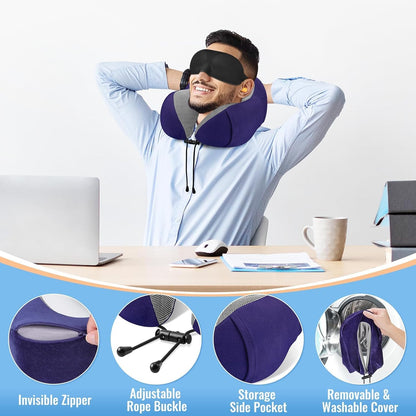 CloudBliss Travel Pillow for Airplane, Memory Foam Neck Pillow for Travel, Compact Flight Pillow with Eye Mask, Earplugs, Carry Bag, Travel Neck Pillow for Long Flight Sleep, Plane Accessories, Black