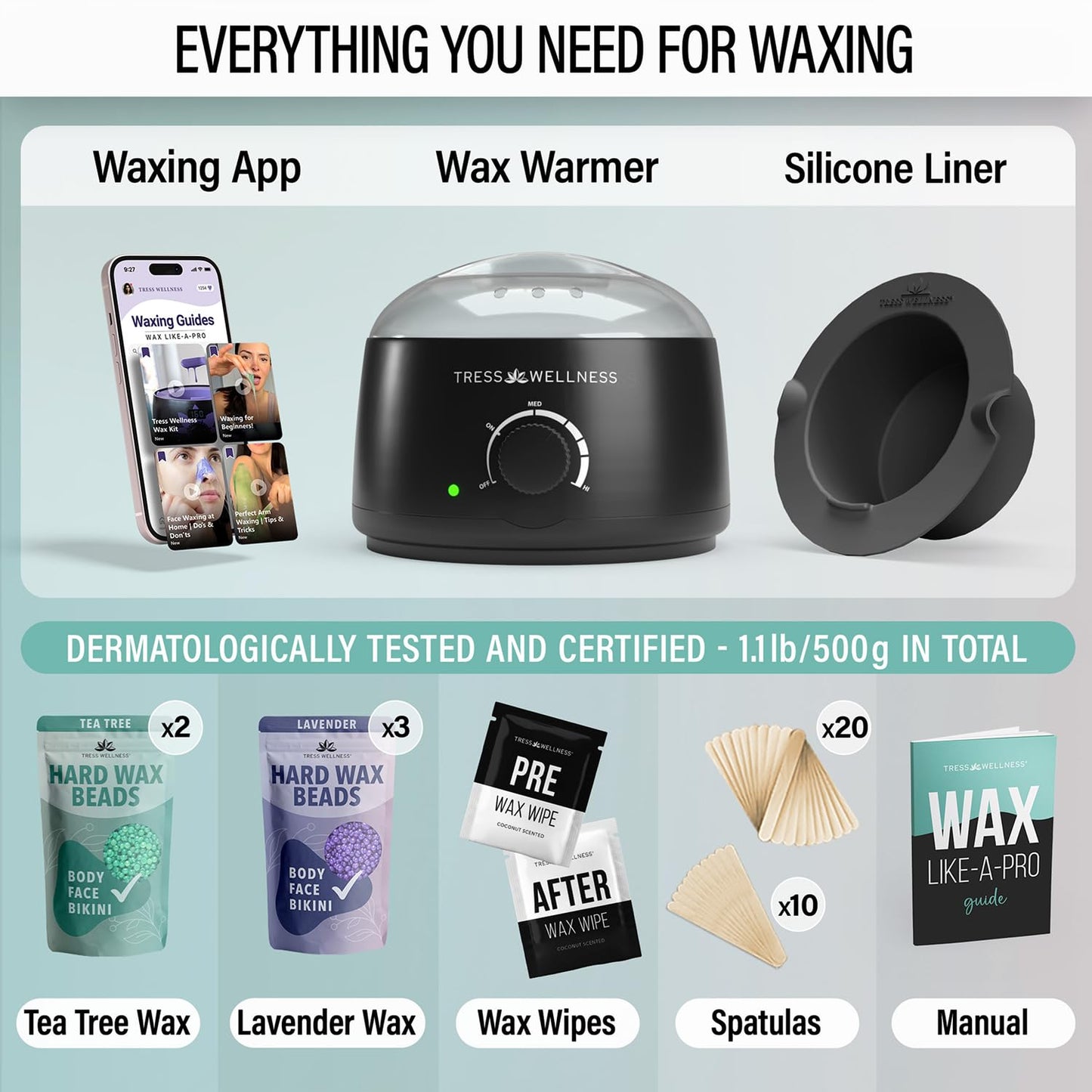 Tress Wellness Award Winning Waxing Kit for Sensitive Skin, Safe for Face & Skin, Easy to Use, At-Home Kit for Face, Bikini, Brazilian & Full Body - Digital Display, Black Purple Flower