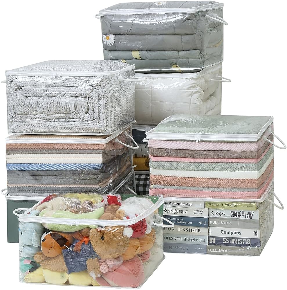 10-Pack Clear Zippered Storage Bags with Handles, Two-Way Zipper Foldable Closet Organizer, Bed Sheet Organizer, Plastic Storage Bin for Clothes, Towels