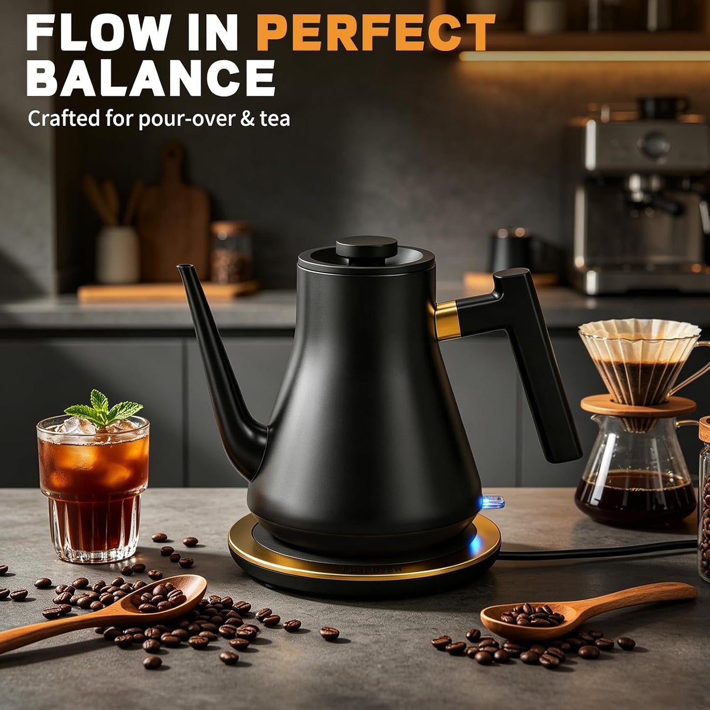 Gooseneck Electric Kettle 1000W | Pour Over Coffee Kettle with Steady Flow Spout & Balanced Handle, 0.8L Matte Black Tea Kettle for Home Barista Espresso Station Countertop- Black