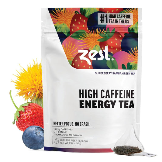 Zest Energy Green Tea - Superberry Samba - High Caffeine Strawberry, Acai, & Passion Fruit Tea - Caffeinated Coffee Alternative with Antioxidants - Natural, Non-GMO & Keto - 20Ct Pack - 135mg Caf