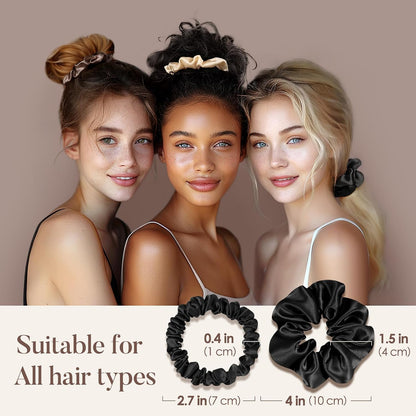 LULUSILK Silk Scrunchies for Hair Sleep, 100% Real Mulberry Silk, No Damage Hair Ties for Women and Girls, Classic Black, Pack of 3