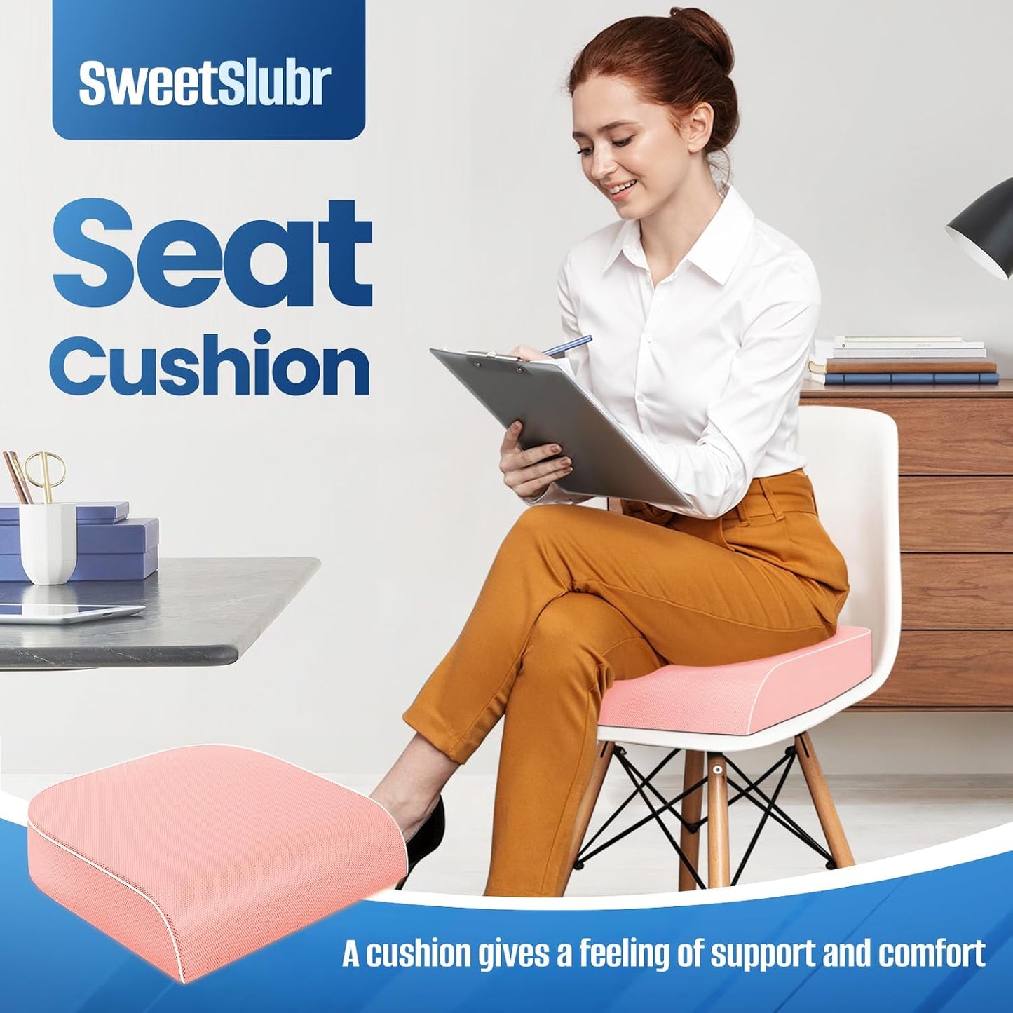 SweetSlubr Seat Cushion for Tailbone Pain Relief, Office Chair Cushion, Chair Pad, Memory Foam Large Cushion with Non-Slip Cover for Soft Support at Office Chair, Car Seat, Airplane, Black/Large