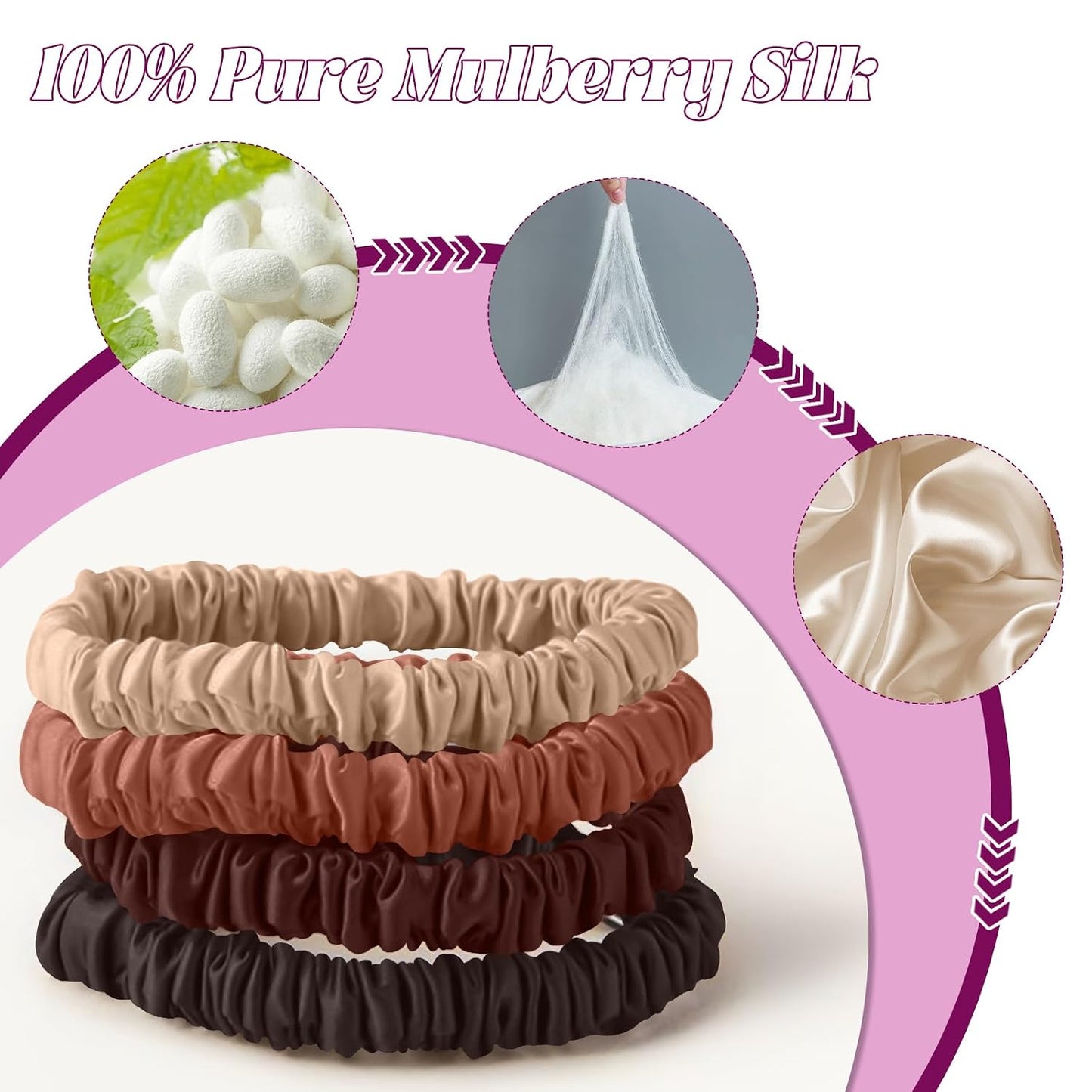 4Pcs Mulberry Silk Scrunchies Set, Silk Hair Ties Elastic for Women, Skinny Scrunchies Reduces Breakage for All Hair Types