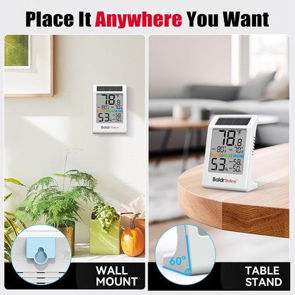 BaldrTherm Room Thermometer Indoor Humidity Meter Solar Powered with Max/Min Memory & Comfort Indicator - 3.2" Large Display for Home, White