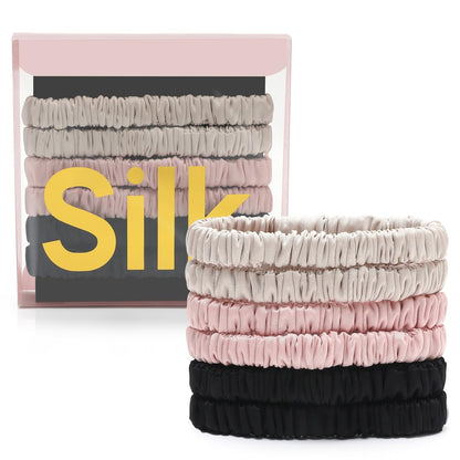 6Pcs Silk Hair Ties 100% Pure Mulberry Silk Scrunchies for Women Girls | No Hair Crease, Anti Frizz, Gentle Hold, No Damage, Black Brown Pink