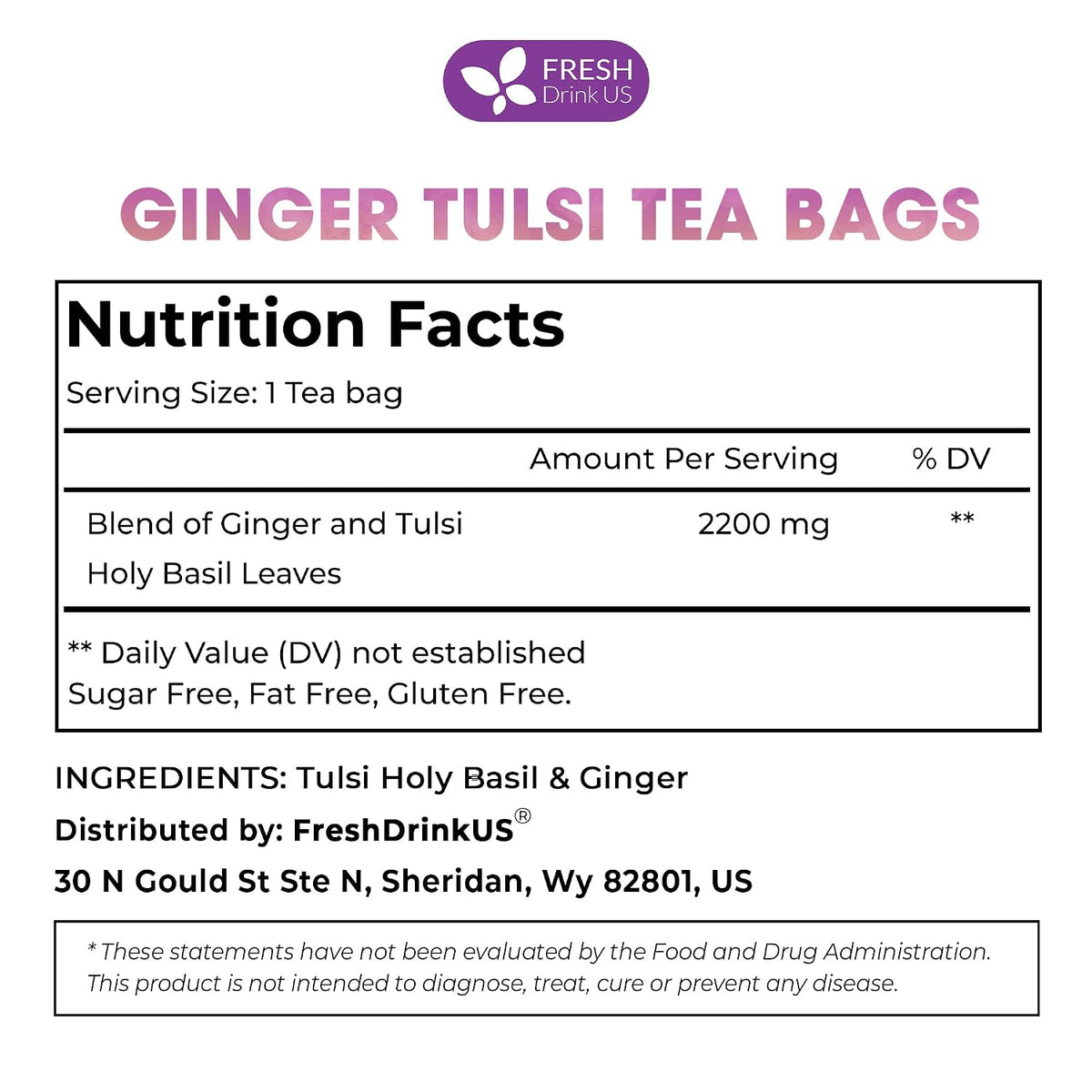 FreshDrinkUS, Premium 75 Ginger Tulsi Tea Bags, 100% Natural, Hand-made Blend of Ginger and Tulsi Holy Basil Leaves, Eco-conscious Tea Bags. Herbal Tea. No Sugar, No Caffeine, Vegan.