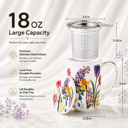 GBhome Tea Mug with Infuser and Lid, 18 Ounce Large Ceramic Loose Leaf Cup, Microwave, Dishwasher Safe, Perfect for Tea Lovers