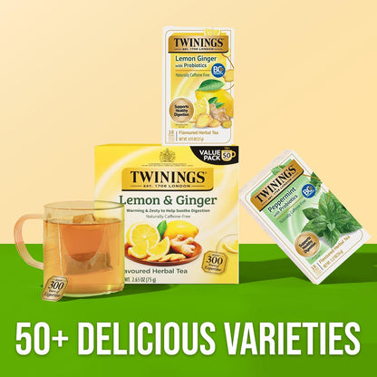 Twinings Lemon & Ginger with Probiotics Herbal Tea Bags, 18 CT Box (1 Pack)