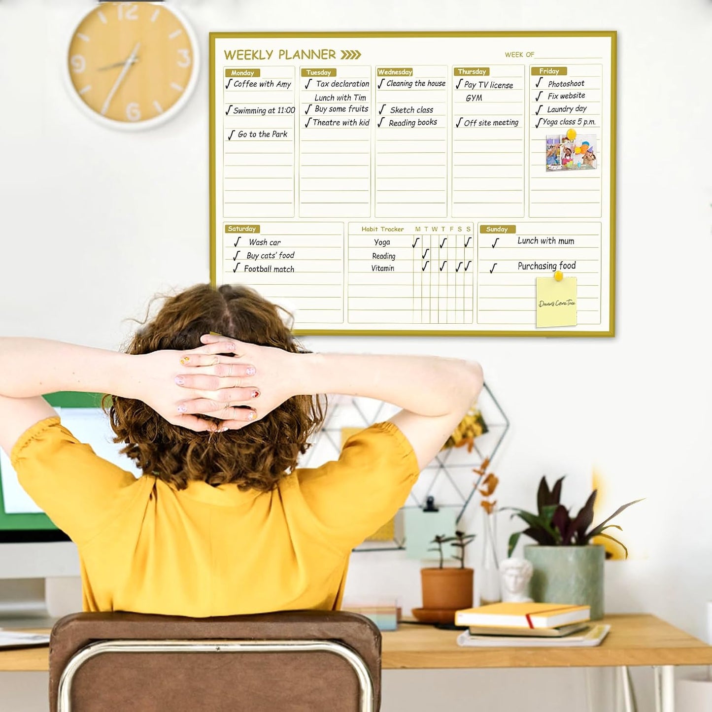 Gold Weekly Dry Erase Board for Wall,12"x16",Gold Metal Frame Weekly Planner Whiteboard for to Do List, Memo, School, Home, Office, Kitchen-GZ