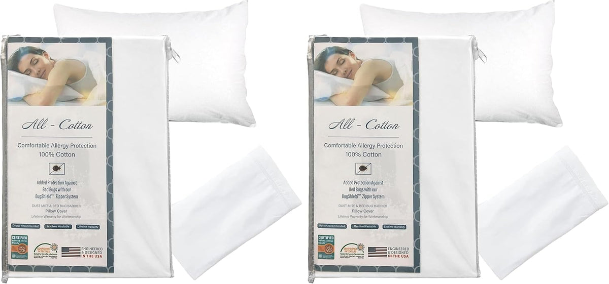 National Allergy Premium 100% Cotton Zippered Pillow Protector - Queen Size - White - 2 Pack - 300 Thread Count - Hypoallergenic Bed Pillowcase with Zipper - Breathable Encasement Cover