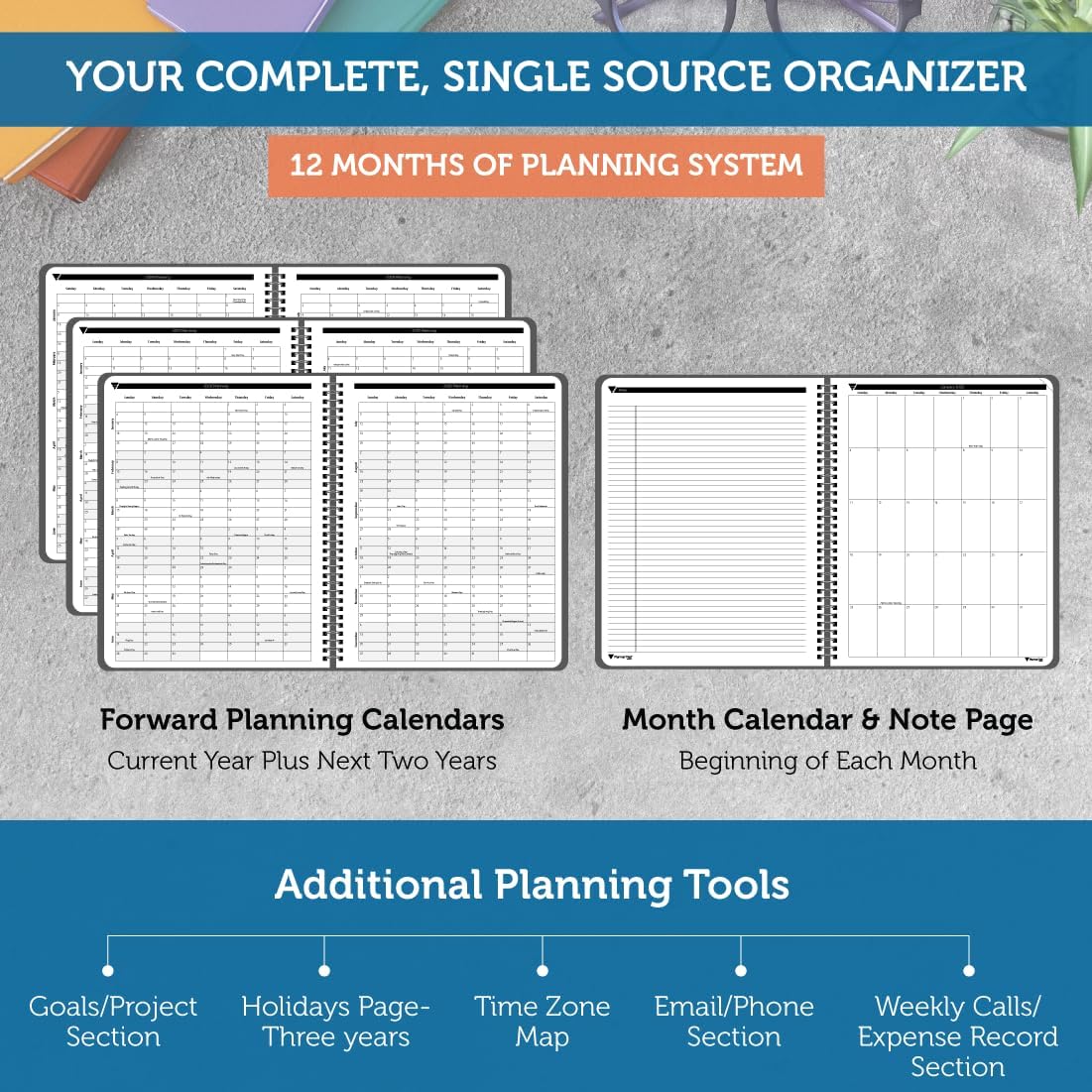 Planner Pad Spiral Bound July 2026 – June 2027 / Academic Year 8 1/2" x 11" Large 3-Tier Funnel Down 12 Month/Weekly Size Organizer, Greenish Grey Cover/Soft Green Ink