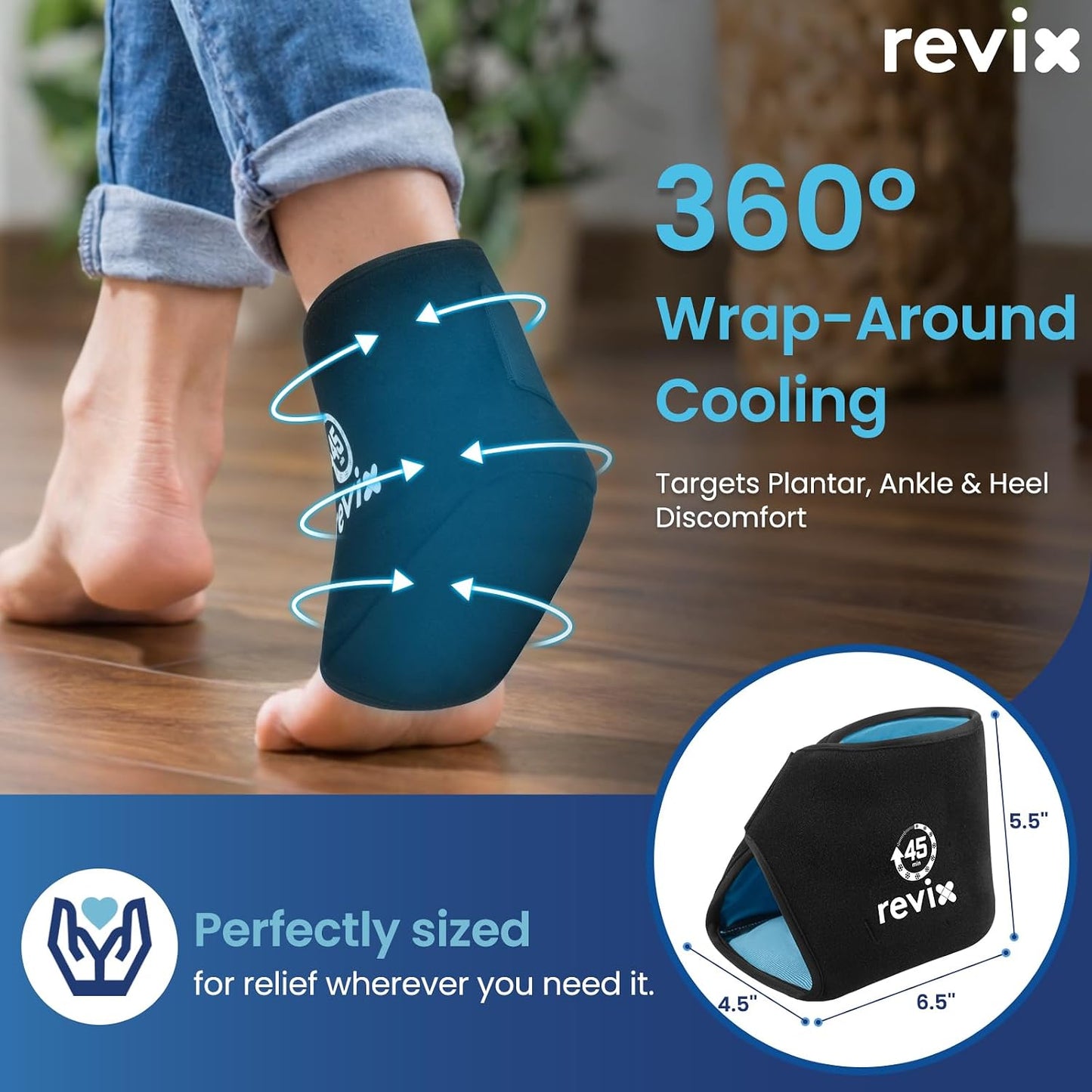 REVIX Ankle Ice Pack Wrap for Plantar Fasciitis with 45-Min Long Lasting Cold, Reusable Foot Ice Pack with Ice Grid Design, Cold Compress Therapy for Achilles Tendonitis, Swelling & Sprained Ankle