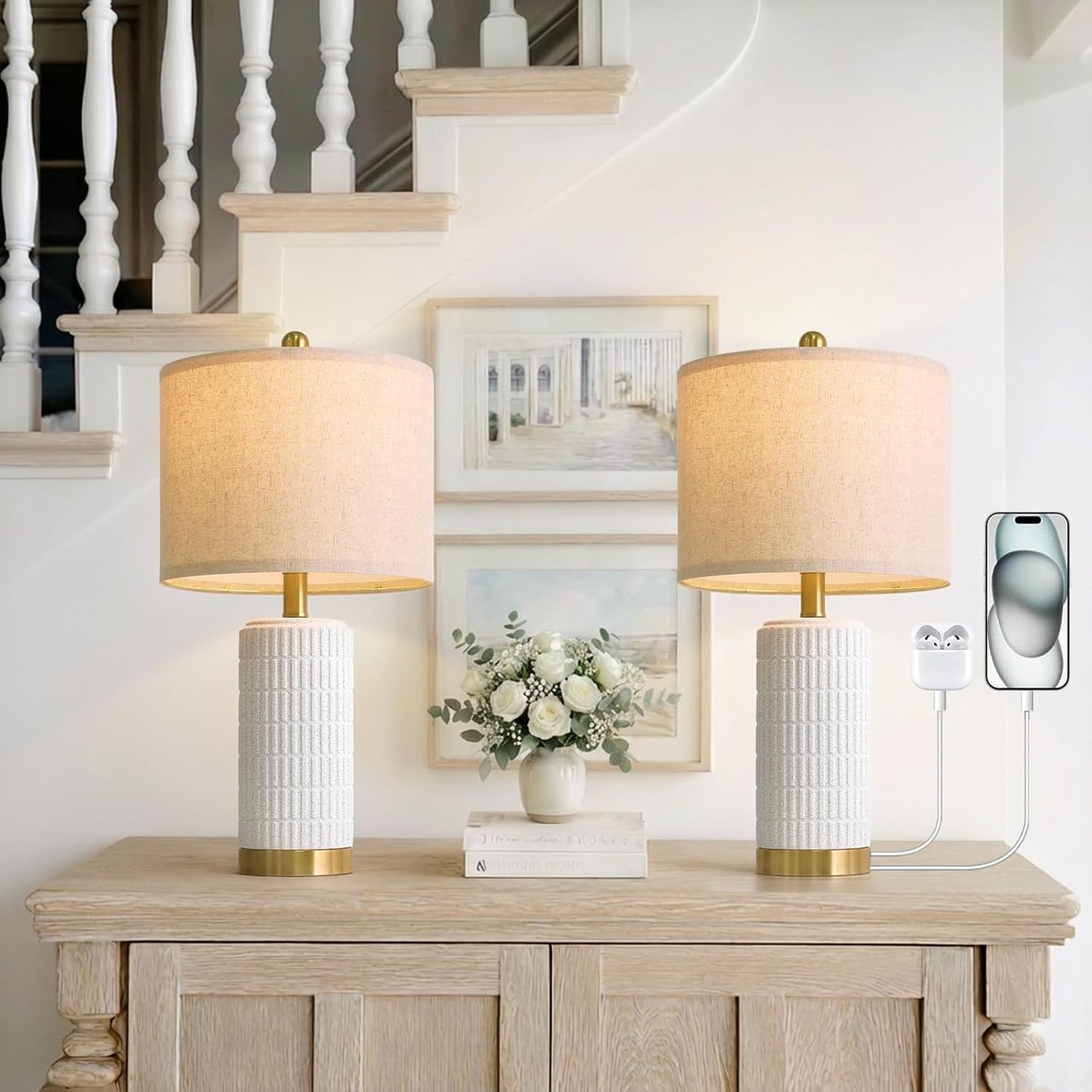 PoKat 20.75" Small Modern Ceramic Table Lamps Set of 2 for Bedroom, White Bedside Lamps for Night Stands, Farmhouse Desk Home Decor Gift Nightstand Table Lamps for Living Room End Table Beige