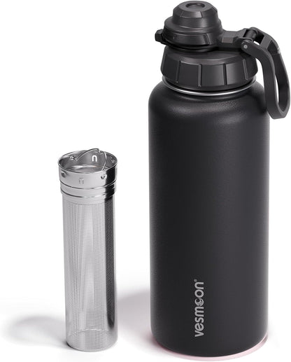 Vesmoon Vessence 24 Oz Stainless Steel Tea Infuser Bottle for Loose Leaf Tea, Water, Herbs, Fruits - Triple Layered Insulated, Leak Proof Bottle with Lid and Clip Handle - 24 Hours Hot/Cold