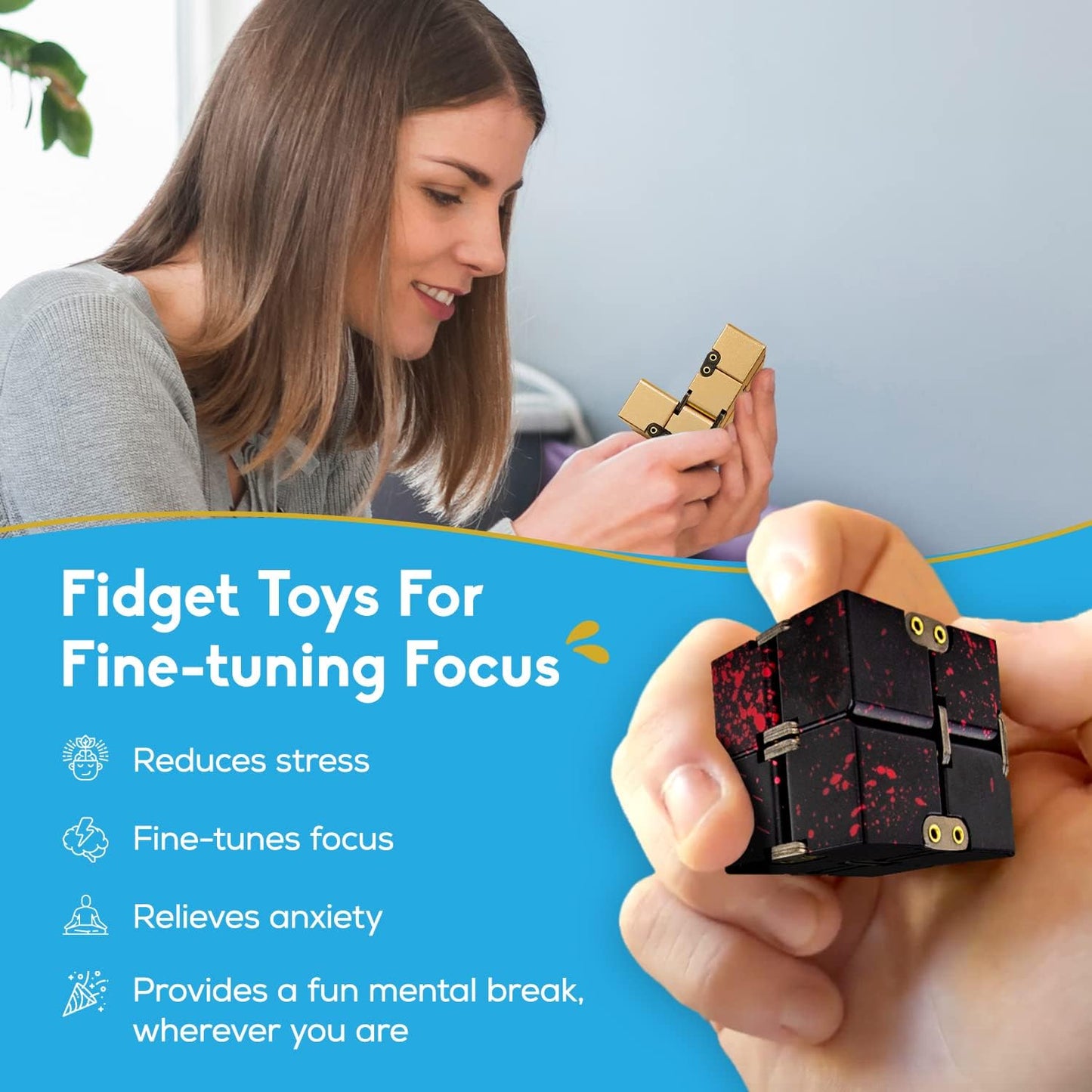 PILPOC theFube Fidget Cube, 6-Sided Stress Relief Infinity Cube for Adults & Kids, Boosts Concentration, Mindfulness Aid, Silent & Audible Modes, Stocking Suffers for Boys, Kids and Adults (Midnight)