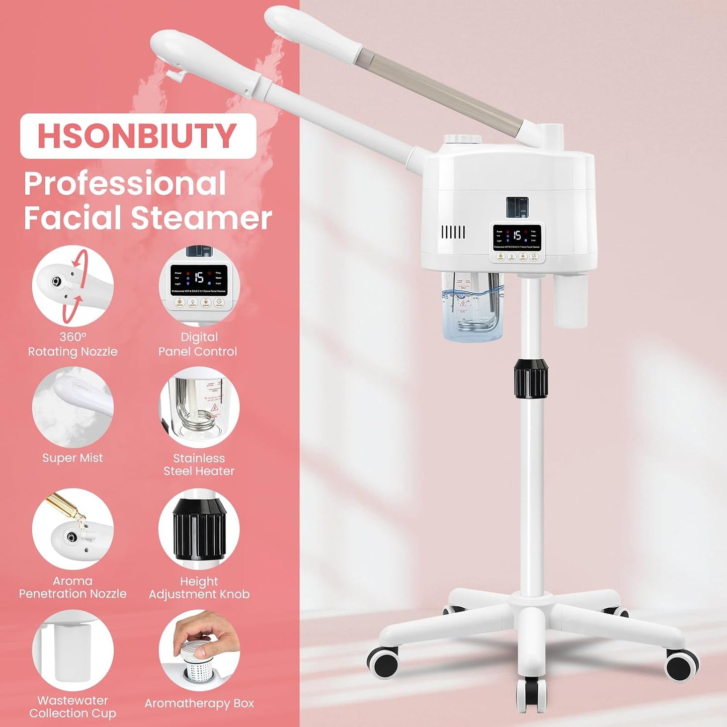 Facial Steamer Professional with More Steam for Deep Cleansing and Hydration, Estheticians Steamer on Wheels with Time Setting, Face Steamer Adjustable Height for Beauty, Spa and Home Use（Golden）