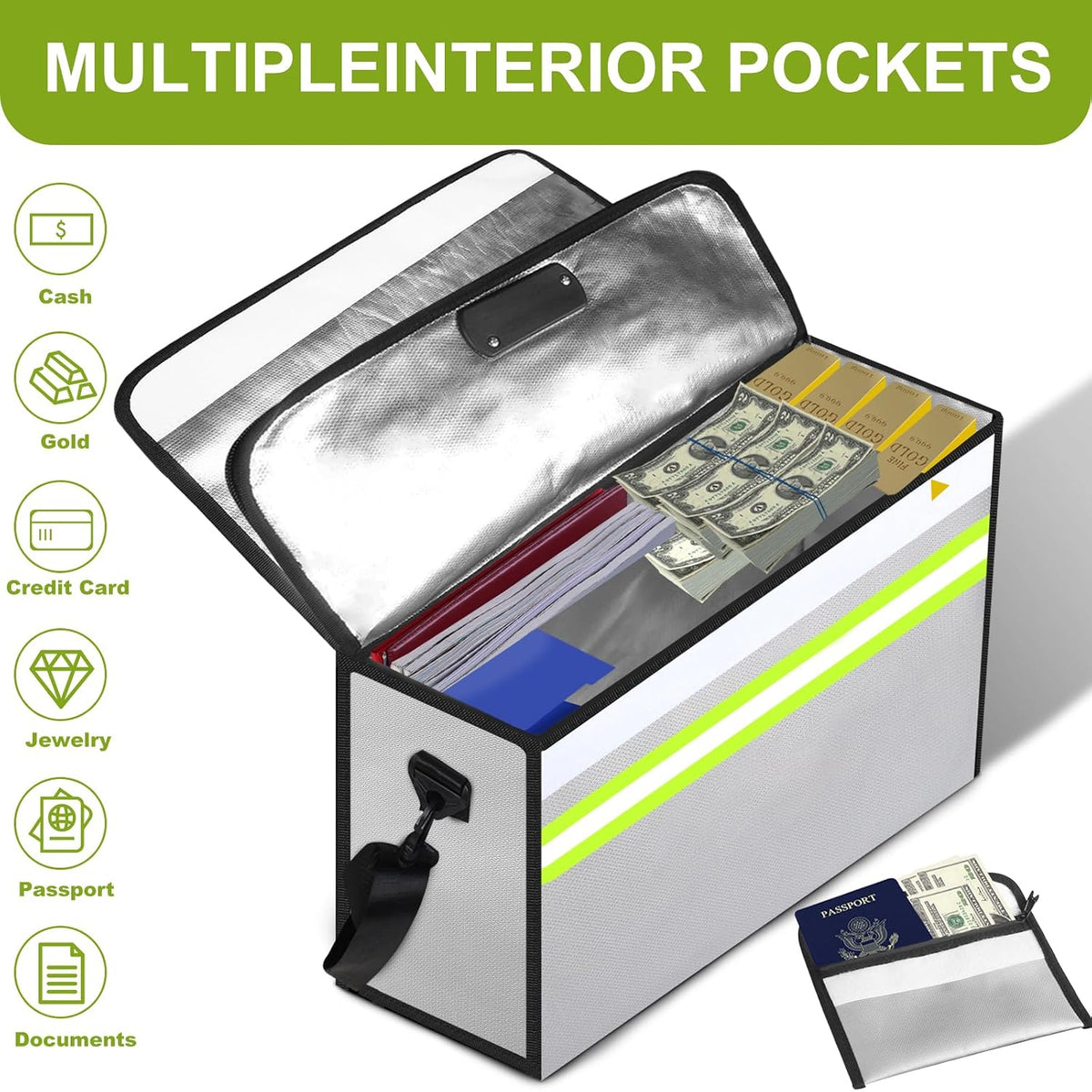 6500°F Fireproof Document Bag with Lock-Fireproof Box with 10 Layers Insulation Materials&Waterproof Zipper,Removable Wallet,Reflective Strip for Cash,Documents,Jewelry(14.2”x 9.6”x 4.1”)