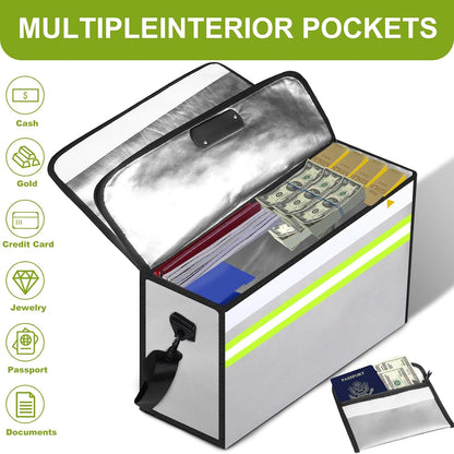 6500°F Fireproof Document Bag with Lock-Fireproof Box with 10 Layers Insulation Materials&Waterproof Zipper,Removable Wallet,Reflective Strip for Cash,Documents,Jewelry(14.2”x 9.6”x 4.1”)