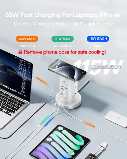 Kakyanill 115W USB Charging Station, Power Strip Tower with 9 AC 8 USB