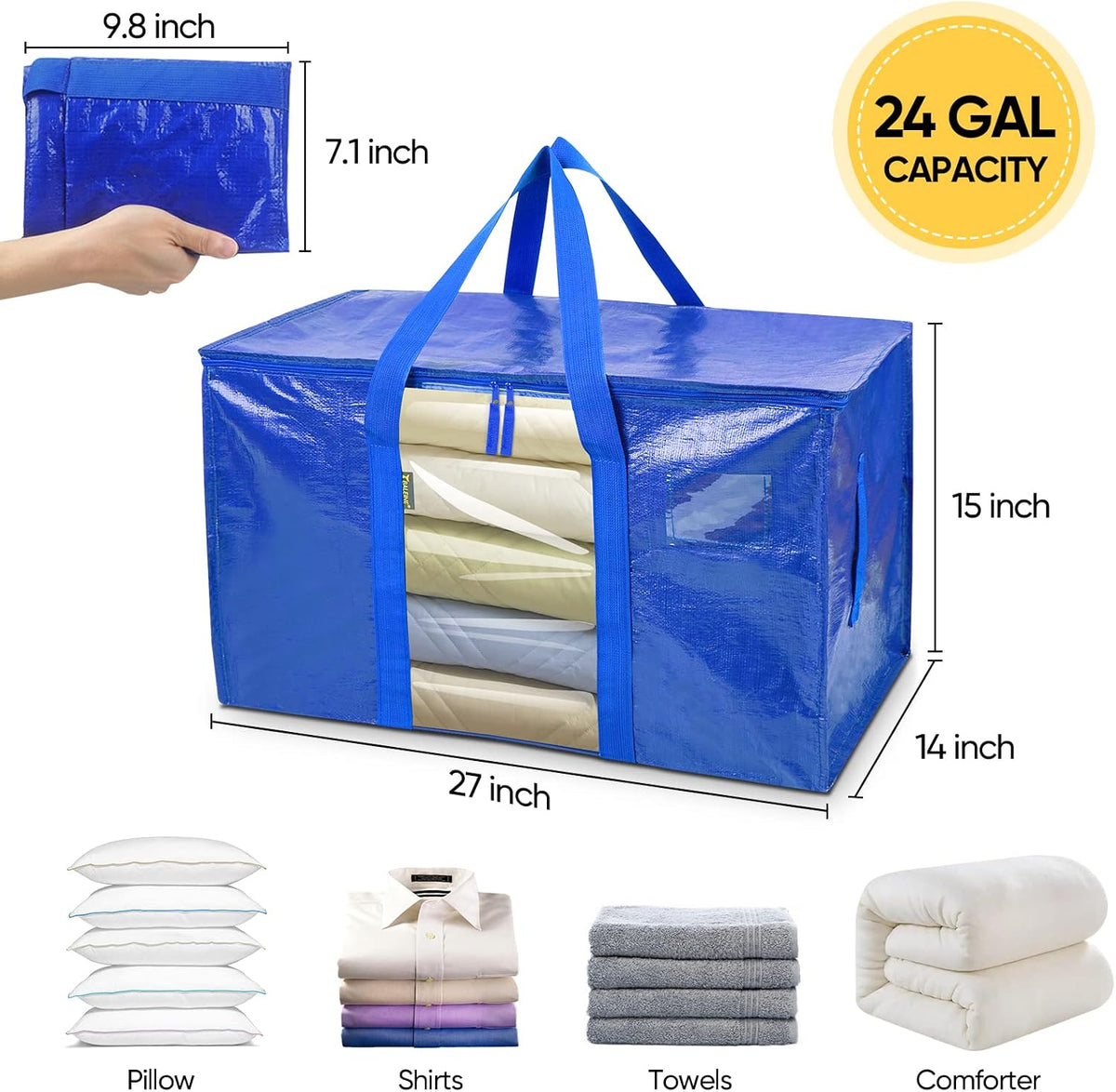 BALEINE Oversized Moving Bags with Reinforced Handles, Heavy-Duty Storage Tote for Clothes, Moving Supplies (Clear)