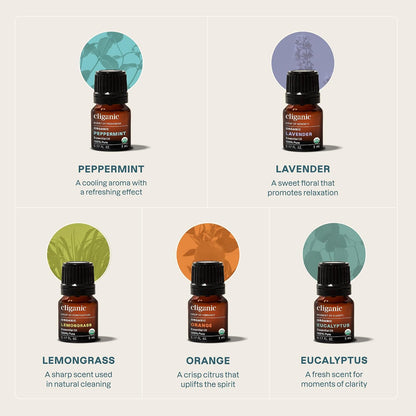 Cliganic Organic Essential Oils Set (Top 5 - The Classics) - 100% Pure Natural - Aromatherapy, Candle Making - Peppermint, Lavender, Eucalyptus, Lemongrass & Orange