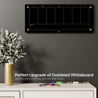 Yeoux Black Glass Golden Weekly & Menu Dry Erase Calendar Board 15“x11