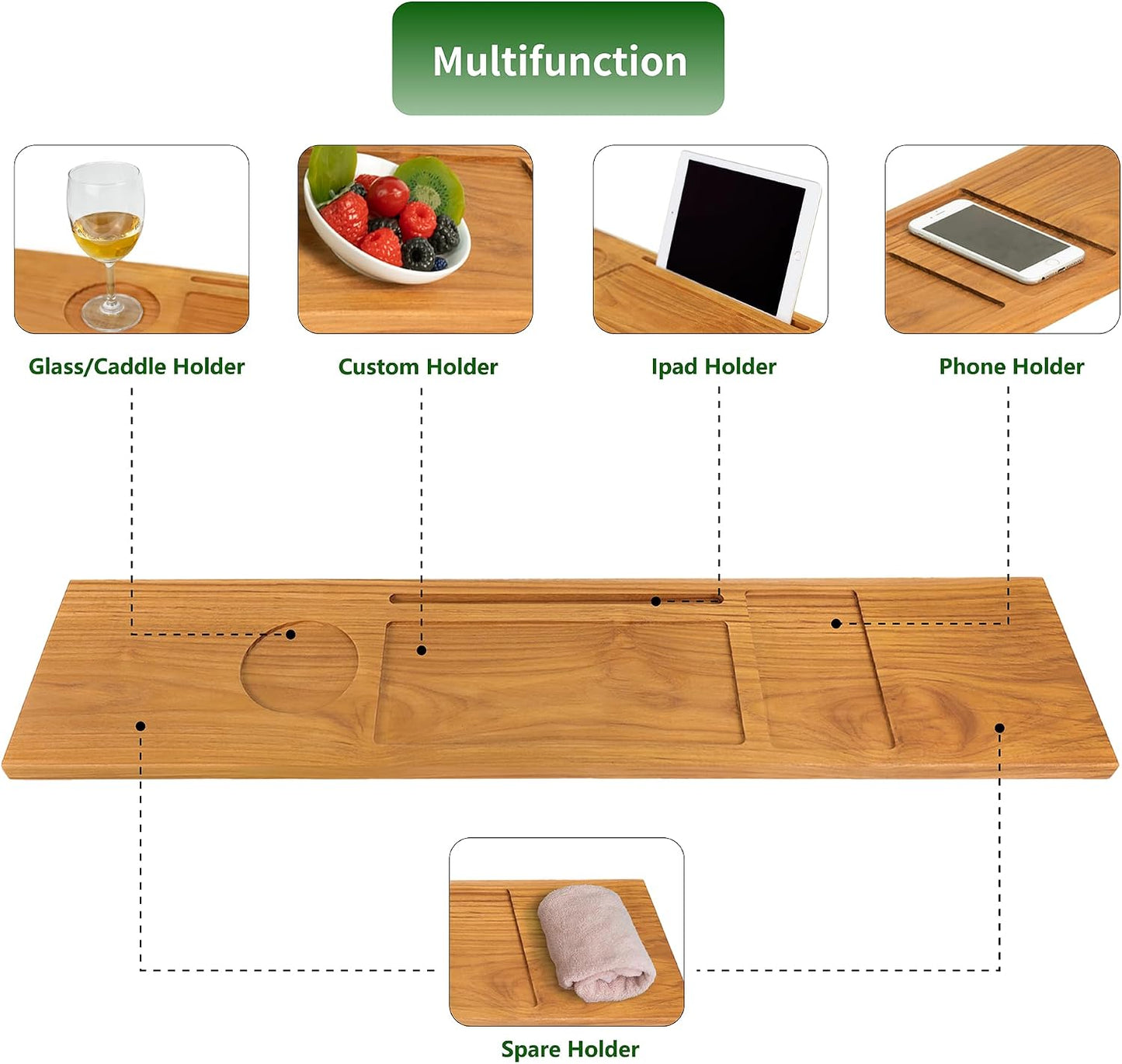 VaeFae Teak Bathtub Tray, Wooden Bath Caddy for Bathtub, Bath Tub Wood Table for Tub