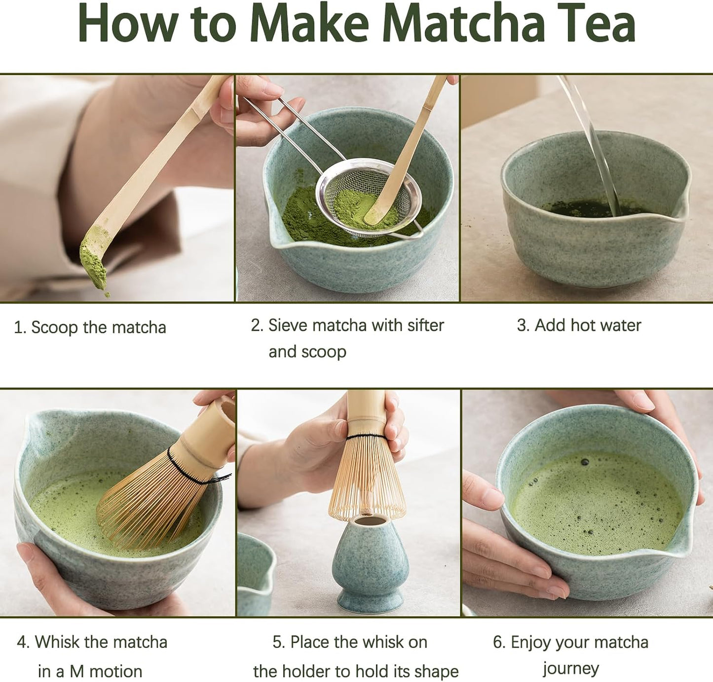 Matcha Set, Japanese Tea Set Includes Matcha Bowl with Spout, Matcha Whisk Holder, Bamboo Matcha Whisk and Bamboo Scoop, 17 oz Mottled Green Glaze Ceramic Matcha Kit for Tea Lovers