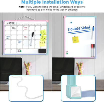 MaxGear Monthly Calendar Dry Erase Board for Wall, 16"x12", White Frame | Double-Sided, Hanging Small White Board, Portable Whiteboard for Planning, Drawing, Memo, to Do List, Home, Kitchen, Office