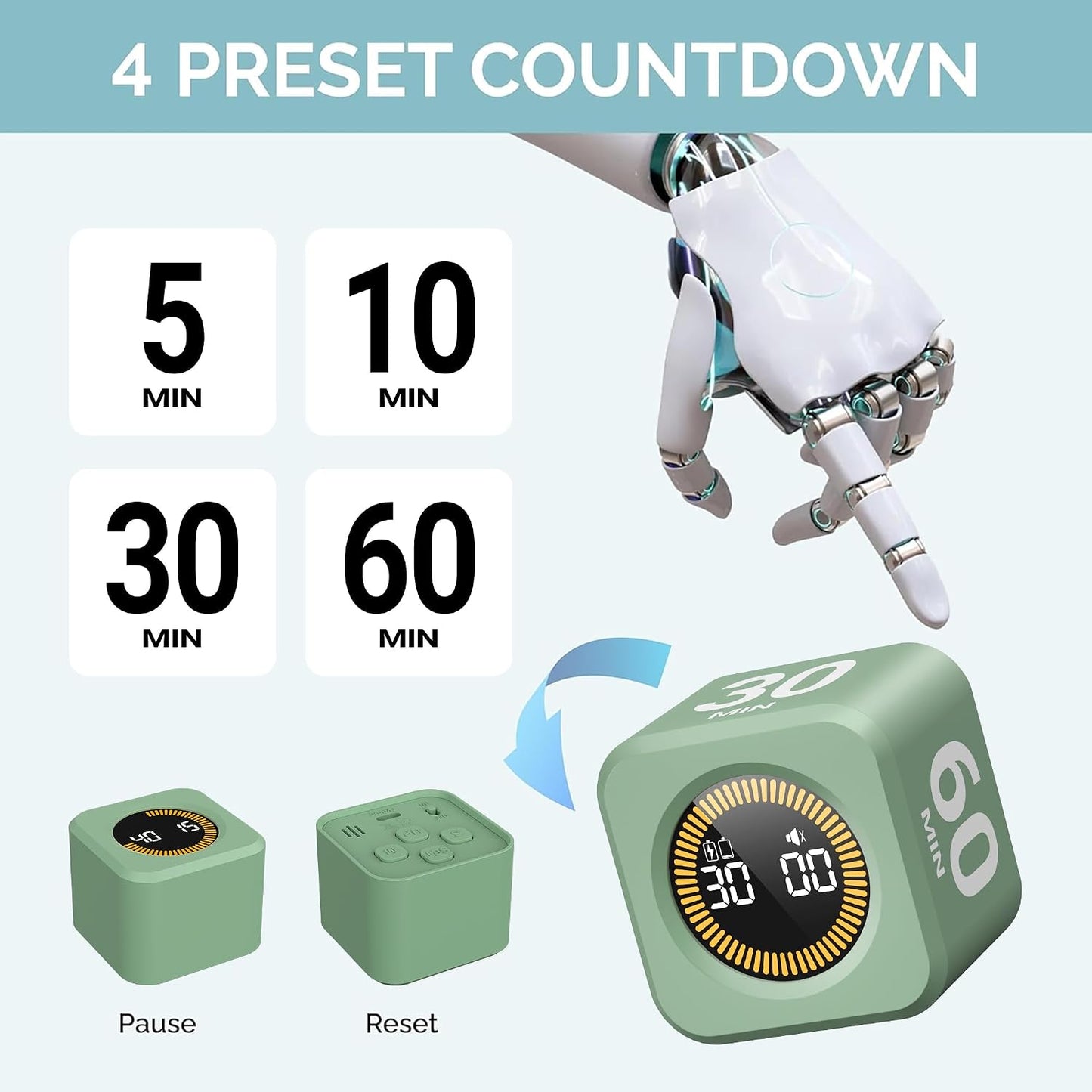KADAMS Pomodoro Timer – Visual Cube with 5/10/30/60 Min Presets, LED Countdown Ring & Count Up Mode, Silent Flip Productivity Timer for Study, Classroom, Office, Cooking