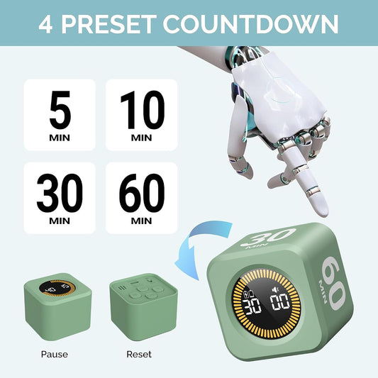 KADAMS Pomodoro Timer – Visual Cube with 5/10/30/60 Min Presets, LED Countdown Ring & Count Up Mode, Silent Flip Productivity Timer for Study, Classroom, Office, Cooking (Green 5-10-30-60 min)