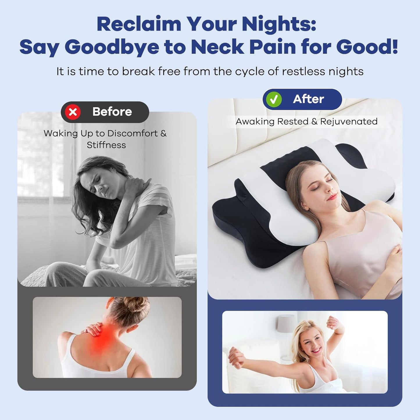 DONAMA Cervical Pillow for Neck and Shoulder,Contour Memory Foam Pillow,Ergonomic Neck Support Pillow for Side Back Stomach Sleepers with Pillowcase