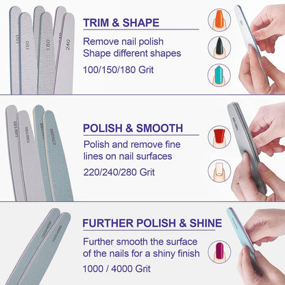 Nail File and Buffer Set, 6 Pcs Professional Nail File Kit for Acrylic and Natural Nails, 100/150/180/220/240/280/1000/4000 Grit Soft Nail Filer Gel Nail Files & buffers Filing Emery Board Home Salon
