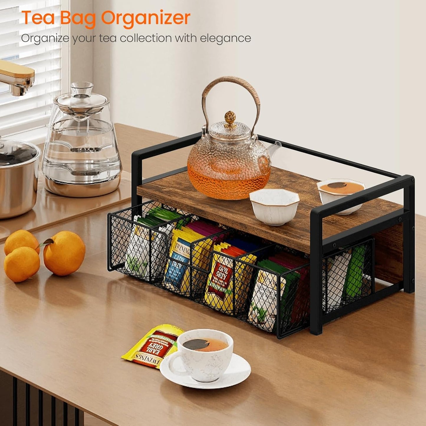 Homode Wood Tea Bag Organizer, Teabag Holder with Drawer, Tea Organizers and Storage Box, 8 Compartments Tea Caddy Station Chests Display Container for Counter Kitchen, Black
