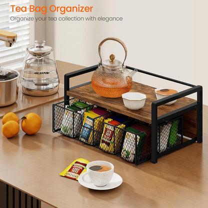 Homode Wood Tea Bag Organizer, Teabag Holder with Drawer, Tea Organizers and Storage Box, 8 Compartments Tea Caddy Station Chests Display Container for Counter Kitchen, Black