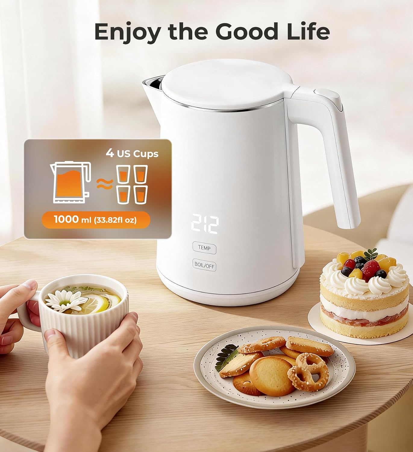 Electric Kettle, 1.0L Fast Boiling with 7 Temperature Settings, Auto Shut-Off & Boil-Dry Protection, Stainless Steel Interior, 4 Hour Keep Warm, Cool Touch Double Wall, Perfect for Coffee & Tea, White