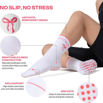 COOLMATE Pilates Socks with Grips for Women, Yoga Socks, Crew Non Slip Women for Barre, Pilates Gifts for Women - Colors B