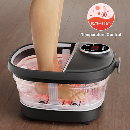 GEHONA Collapsible Foot Spa Bath with Heat, Foot Massager with Two Side Supports, Leakage Protector, Temperature Control, Bubbles, Red Light, Timer, Feet Soaker, Gifts (Deep Black)