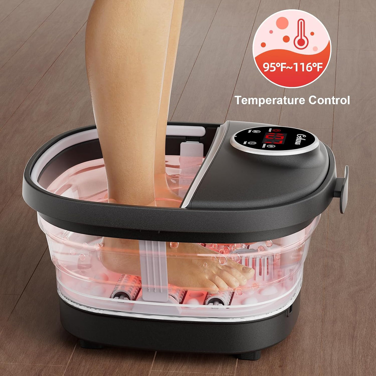 GEHONA Collapsible Foot Spa Bath with Heat, Foot Massager with Two Side Supports, Leakage Protector, Temperature Control, Bubbles, Red Light, Timer, Feet Soaker, Gifts (Deep Black)
