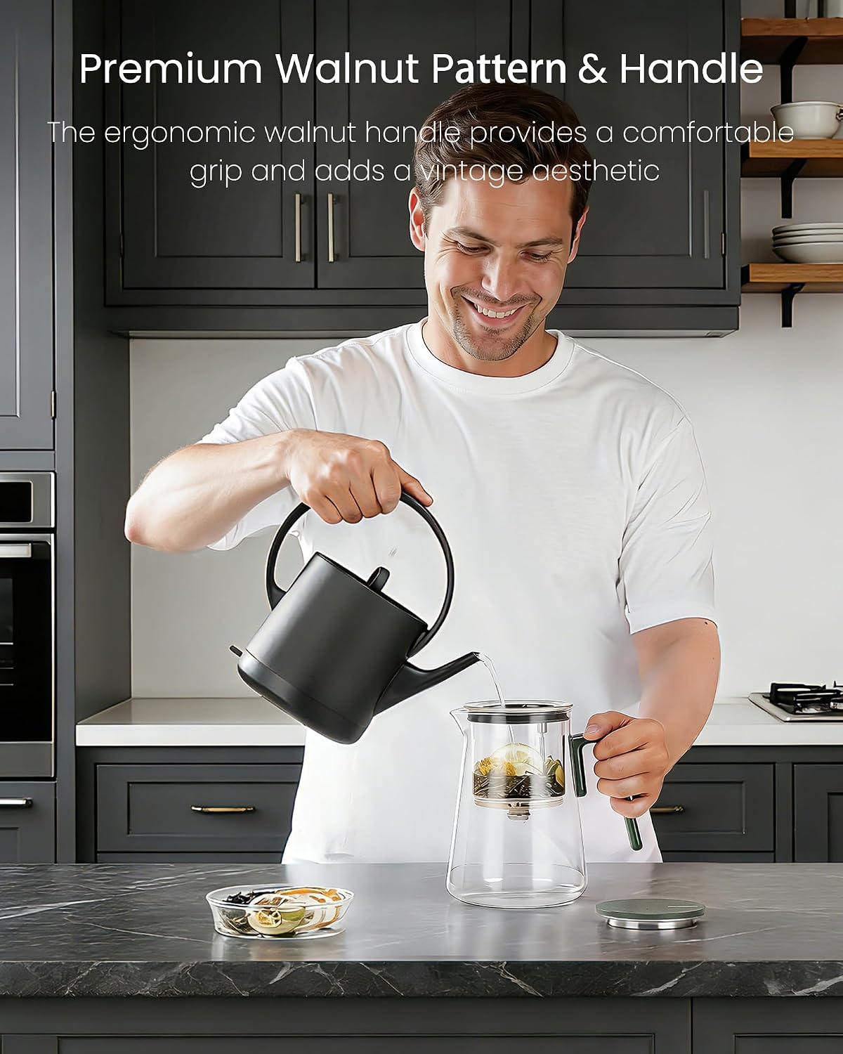 ZENS Magnetic Tea Pot, Enchanted Glass Teapot with Infuser and Magnetic Suction Lid for Mess-Free Loose Tea Diffusers, Walnut Wood Handle, Tea Lovers Gifts