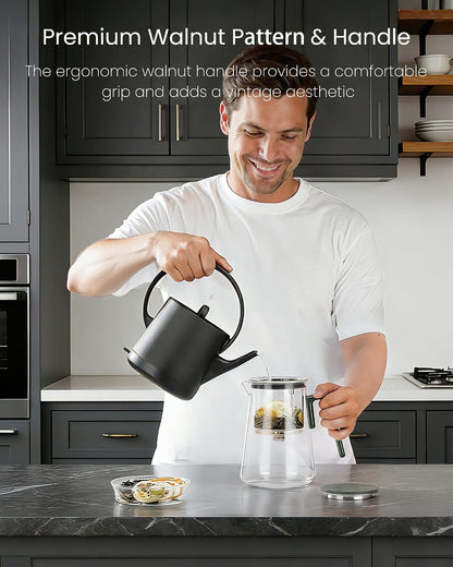 ZENS Magnetic Tea Pot, Enchanted Glass Teapot with Infuser and Magnetic Suction Lid for Mess-Free Loose Tea Diffusers, Walnut Wood Handle, Tea Lovers Gifts