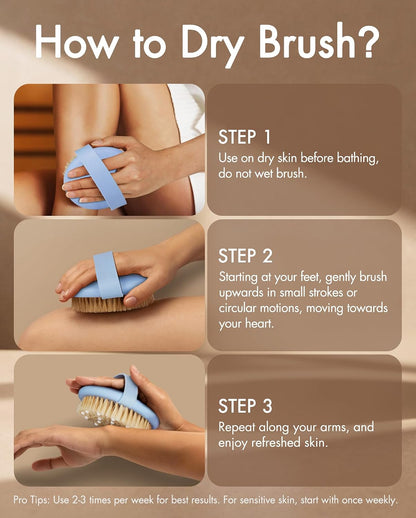 Dry Brushing Body Brush for Massage - Natural Boar Bristle Exfoliating Brush with Massage Nodes for Lymphatic Drainage, Cellulite, Blood Circulation Improving Skin Health for Women Men Elderly(Grey)