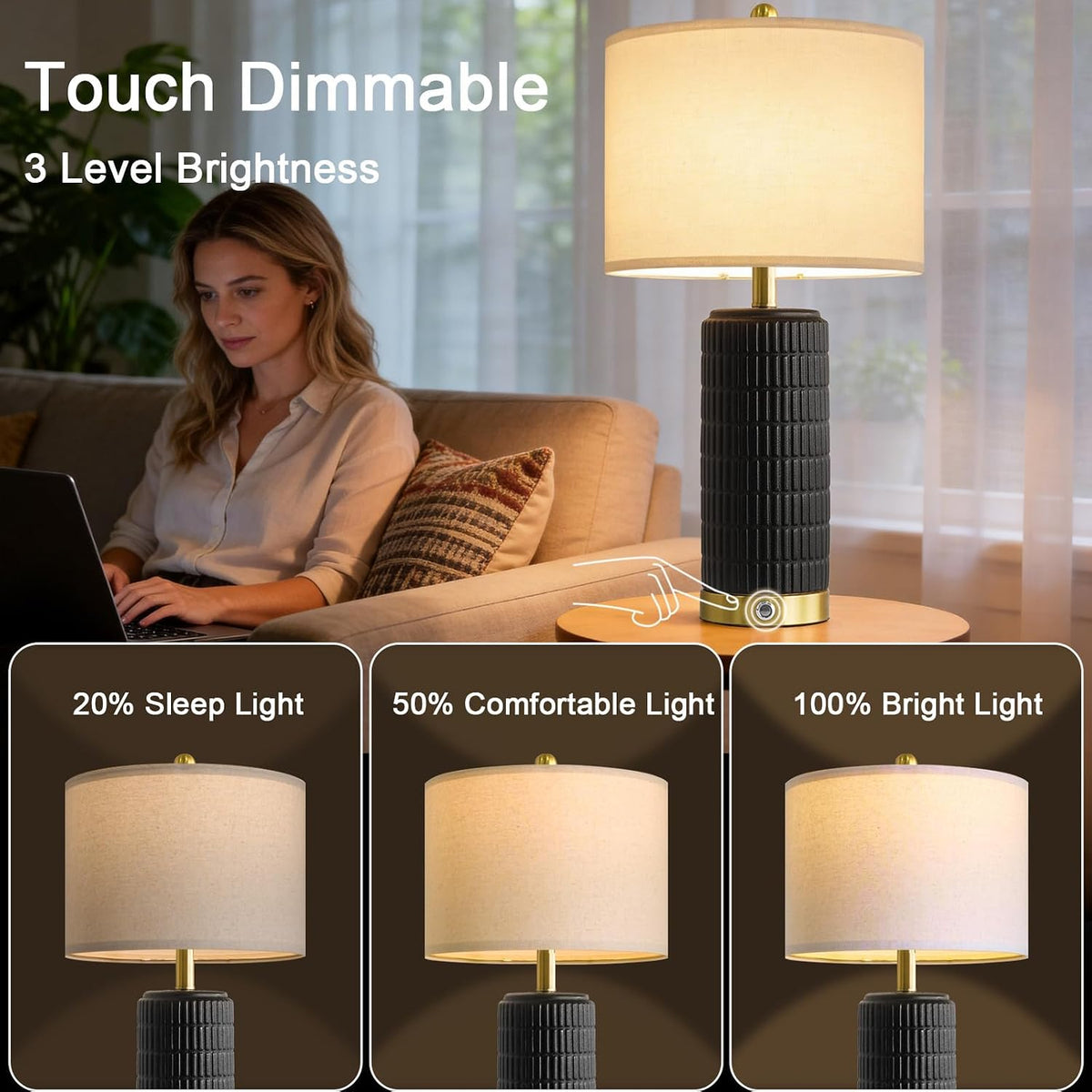 PoKat Touch Bedside Table Lamps with 2 USB for Bedroom Living Room, 25''